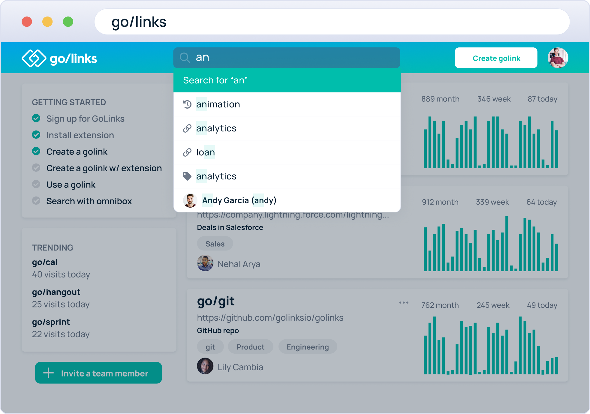 GoLinks® dashboard showing users how to edit Go Links®